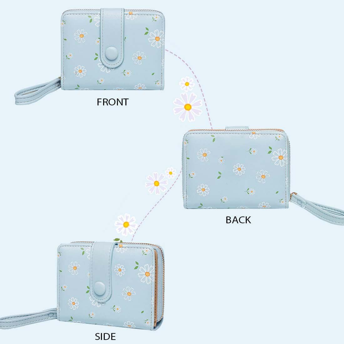 Lindas carteras con estampado de margaritas con cremallera exterior alrededor del monedero, billetera plegable con ventana de identificación con tarjetero de crédito, Azul, Billetera 6