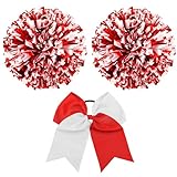 Hanaive Cheerleading Pom Poms and Large Cheerleader Hair Bow 12 Inch Large Metallic Cheer Cheerleader Pom Poms for Sports Team Spirit Cheering(Red and White Mixed,Glitter and Matte)