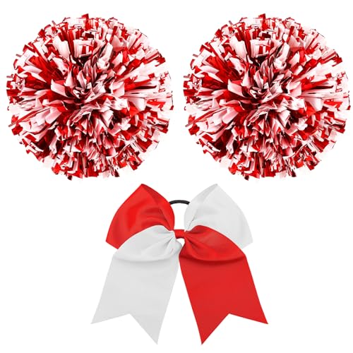 Hanaive 12 Inch Cheerleading Pom Poms and Large Cheerleader Hair Bow Large Metallic Cheer Cheerleader Pom Poms for Sports Team Spirit Cheering(Red and White Mixed Glitter and Matte)