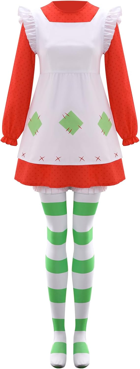 Women Strawberry Costume Red Dress Apron Hat Stockings Outfit Halloween Party Cosplay Full Set - Image 4