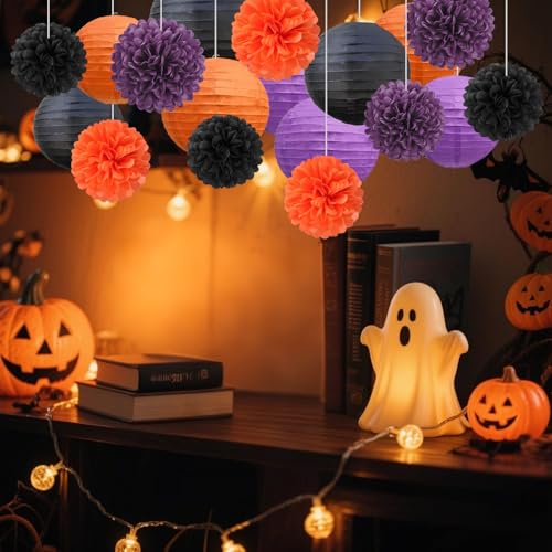 Image of 18 PCS Black Orange Purple Paper Lanterns & Tissue Paper Pom Poms for Halloween Birthday, Wedding, Hanging Paper Party Decoration Set for Indoor Outdoor Fall Celebration