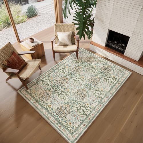 Image of Beige Blue Area Rug 5x7 - Vintage Washable Floral Rug for Living Room, Bedroom, Nursery & Entryway - Low Pile, Non-Slip, Stain Resistant, Retro Indoor Carpet