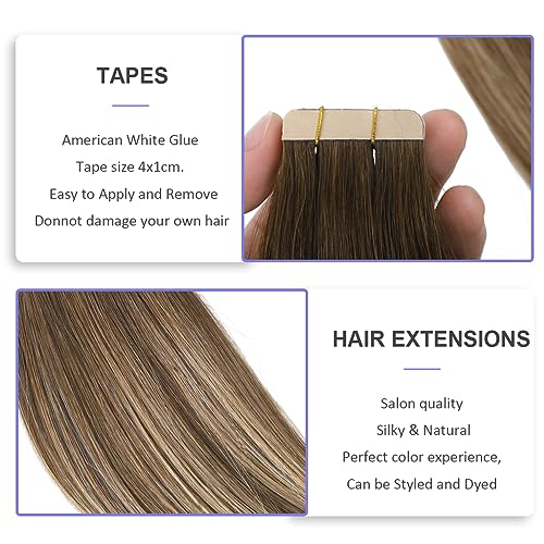 Sindra Tape in Hair Extensions 50g 14 Inch 20pcs Balayage Chocolate Brown to Caramel Blonde Tape in Silky Straight Remy Human Hair Extension#4/27/4 14" - Image 4