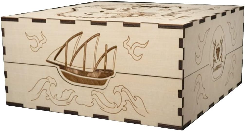 വശം view of the Laserox Spirit Crate with a ship and waves engraved design.