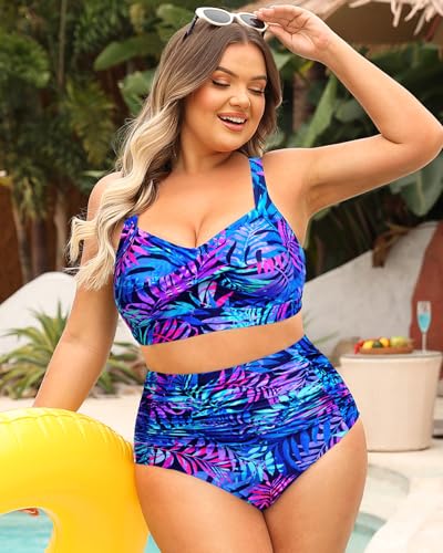 Daci Women's Plus Size Bikini Sets - High Waisted Two-Piece Swimsuits with Tummy Control Blue Leaves 18 Plus