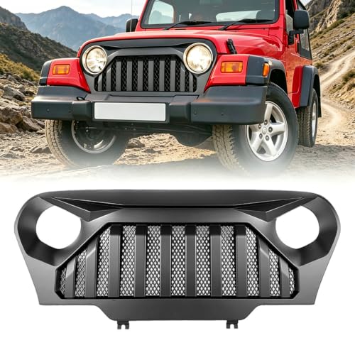 DIBON AUTO Matte Black Grille For Jeep Wrangler TJ Gladiator Vader Grill W Mesh 1997 1998 1999 2000 2001 2002 2003 2004 2005 2006