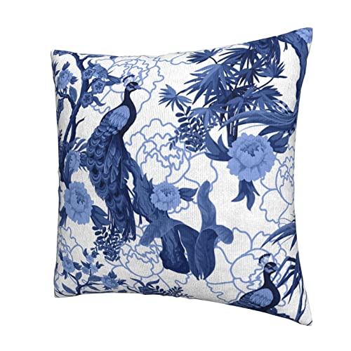 Birds And Peonies In Blue Color Pillow Cover Case Peacock Pattern Chinoiserie Style With Invisible Zipper Cushion Cover Throw Pillowcase For Home Decorative Couch Sofa Bedroom 18X18 Inch (2-Pack) #TOP1