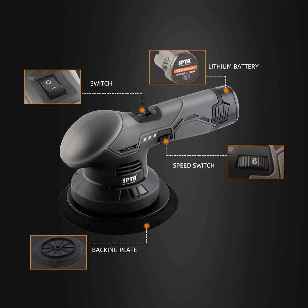 Cordless Car Buffer Polisher, SPTA Polisher with 2Pcs 12V Lithium Rechargeable Battery Brushless Polisher with Variable Speed, Portable Polisher with Polishing Pads Kit For Waxing