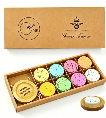 Shower Steamers Aromatherapy - 8 Pack Organic Shower Bombs with Shower Steamer Tray/Holder Self Care Natural Essential Oil Stress Relief Shower Bombs Fathers Spa Gifts for Men Dad Husband