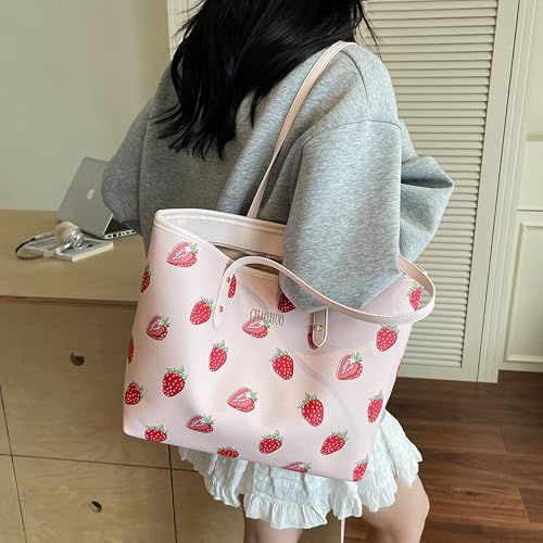 Image of hibear Cherry Print Tote Bag for Women Bow Shoulder Handbag Trendy Faux Leather Top-Handle Bag with Cherry Accessories