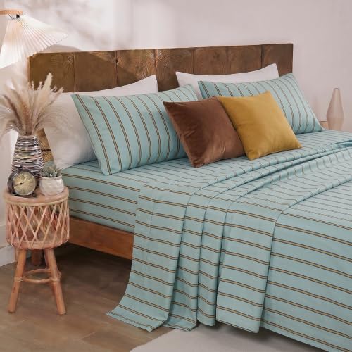 Image of Merryword Green and Orange Striped Sheet Set Queen Size - 100% Cotton Striped Bedding 4 Pieces, Soft Breathable Percale Weave, 17.5 inch Deep Pocket, Luxury Linen Like, All Season Comfort