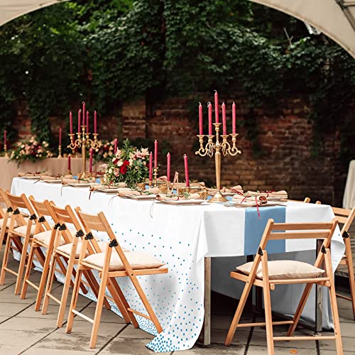 8Pack Disposable Plastic Tablecloths and Satin Table Runner Set White and Light Blue Dot Tablecloth Light Blue Satin Table Runner for Wedding Birthday Baby Shower Engagement Christmas Party Supplies by MASHAN - Image 7