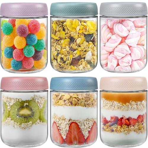 TempFoo Overnight Oats Jar Container set 6, 480ml Glass Mason Jars with Lids, Cereal Milk Vegetable Fruit Salad Jam Protein Porridge Clear Storage Containers, Breakfast Pots with Screw Lid