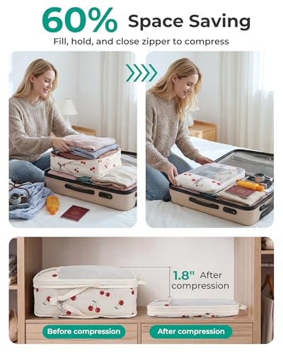 Image of BAGSMART 6 Set Compression Packing Cubes for Travel, Lightweight Luggage Organizer Bags, Durable Space Saver Bags Travel Essentials, Cherry Pop