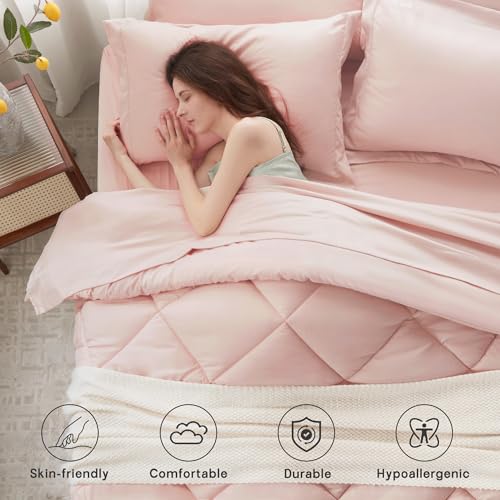 Anluoer Twin Comforter Set,Pink Bed in a Bag 5 Piece,Lightweight Bedding Set with Soft Down Alternative Fill,Bed Set Includes Comforter, Fitted Sheet, Flat Sheet,Pillowcase and Sham