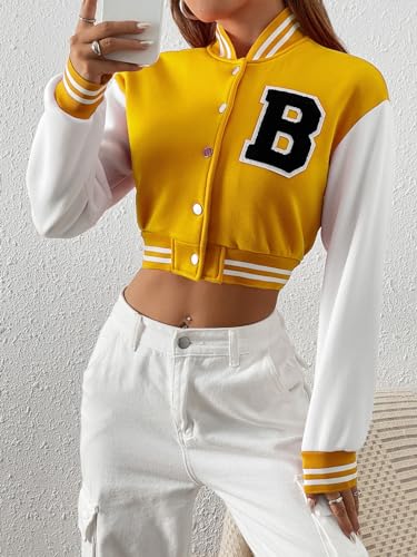 WDIRARA Women's Casual Button Down Letter Patched Color Block Crop Varsity Jacket Outerwear4
