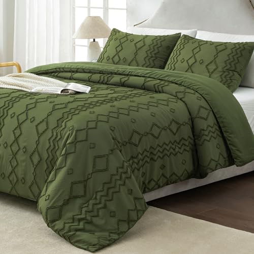 Image of Andency Olive Green Tufted Comforter Set King(104x90Inch), 3 Pieces Boho Textured Farmhouse Bed, Soft Down Alternative Geometric Bed Set with 2 Pillowcases