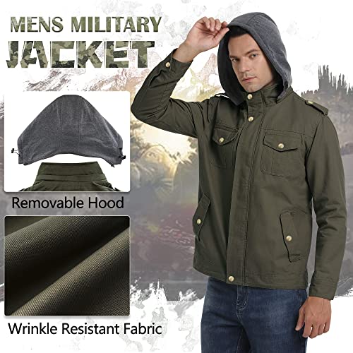 Men's Military Jacket Casual Cotton Lightweight Windbreaker With Removable Hood (Xx-Large, Army Green) #TOP1