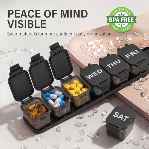 Image of Yaklim Extra Large Weekly Pill Organizer - Waterproof 7-Day Pill Box, Portable Vitamin & Supplement Case, Easy to Open Design, Ideal for Travel and Daily Medication Management (Black)