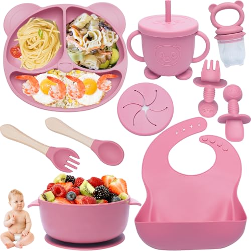 Kinyoda 10 pc Baby Weaning Set - Silicone Feeding Set with Suction Bowl, Adjustable Bib, Cup, Food Plate Kit - Ideal for Baby Gifts (Pink)