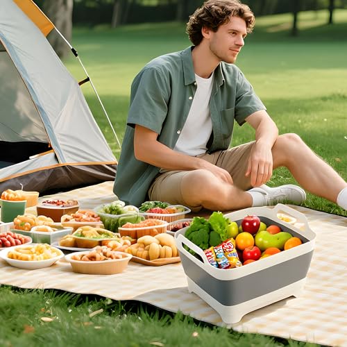 Image of Foldable Dish Basin with Drain Plug, 9L 2.4 Gallon Compact Portable Wash Tub Dishpan Space-Saving Sink Tray for Kitchen Storage Grey