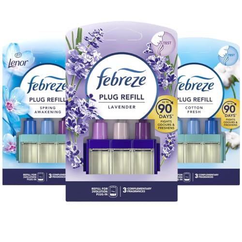 Febreze 3Volution Plug In Diffuser Air Freshener Refills - Home & Office Fragrances - Odour Eliminator Cotton Fresh, Spring Awakening & Lavender Scents - 20ml - Box of 3