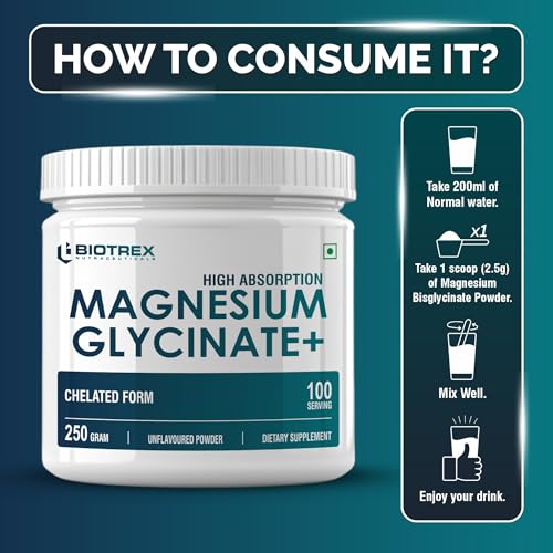 Image of Biotrex Nutraceuticals Magnesium Bisglycinate Powder | Sleep, Cramps, Nerve & Muscle Health | Mood Balance & Energy Production | High Absorption - 250Gram (100 Servings)