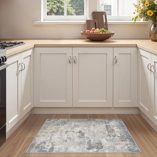 2x3 Entryway Area Rug: Washable Neutral Modern Abstract Small Rug - Non-Slip Low Pile Throw Indoor Carpet for Entrance Kitchen Front Door Mat Bathroom Entry Kids Room - Blue Grey