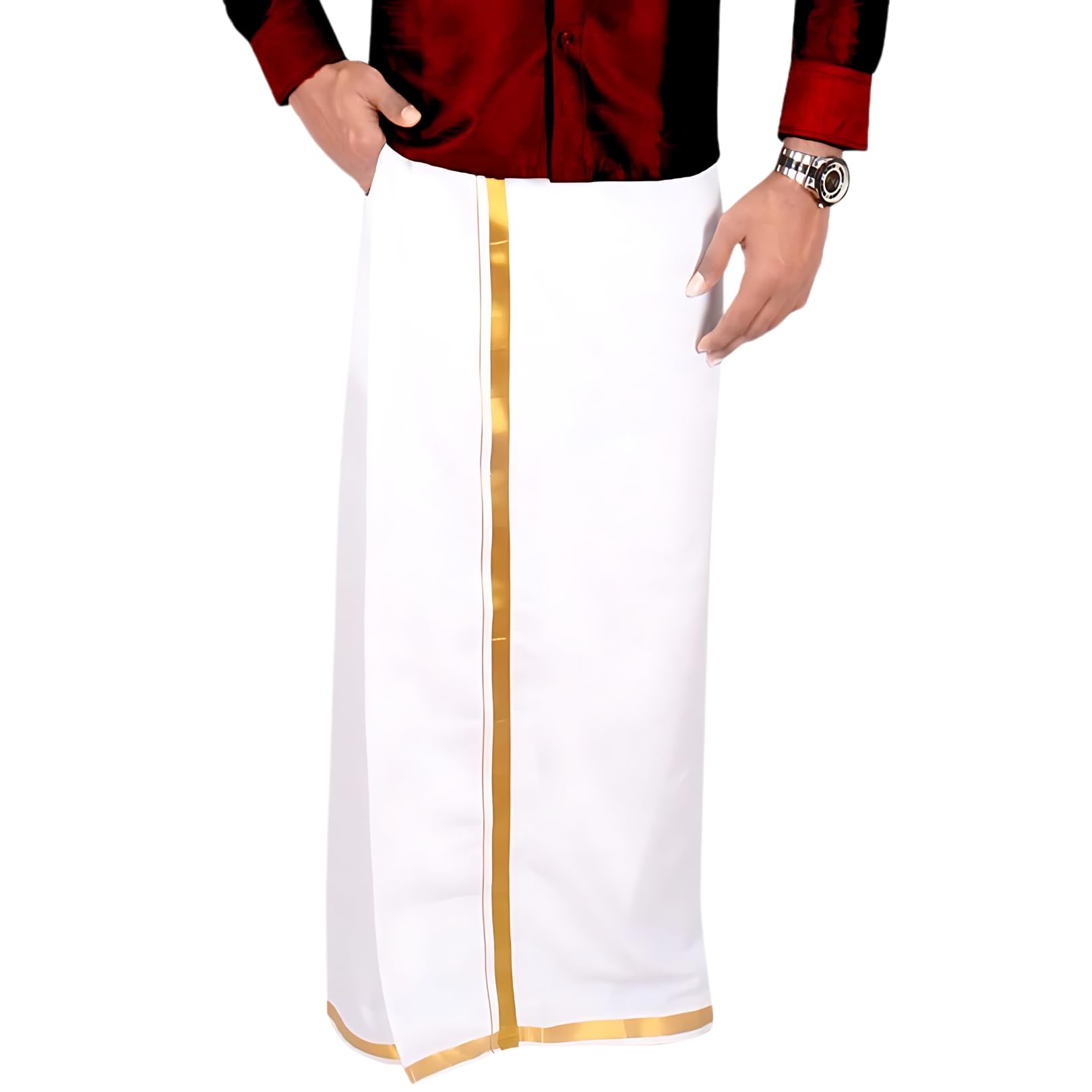 Adjustable 28 to 44 Inches Velcro White Cotton Pocket Dhoti with Gold Jari Border For Mens-image-19