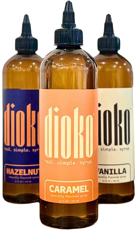 Image of Dioko Flavors Coffee Syrup Variety Pack, Vanilla Hazelnut Caramel, 12 Fl Oz Each, 3 Pack, Liquid Form