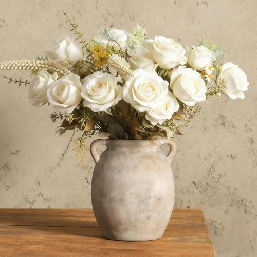 Ceramic Flower Vase 7.6 inch Farmhouse Rustic Vase Decorative Pottery Terracotta Vases for Home Decor Table Mantle Fireplace Living Room Bathroom Wedding Centerpiece (Whitewashed)