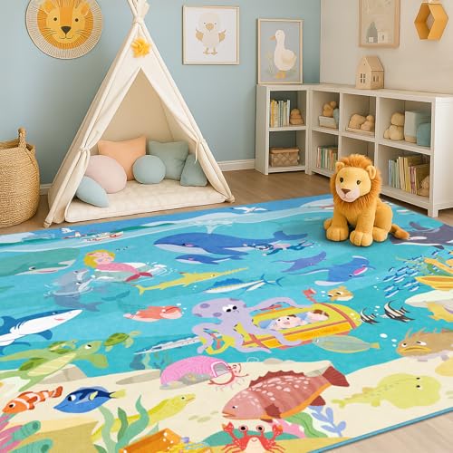 Image of 5x7 Ocean Rug for Kids Room - Large Area Rug with Beach Wave Whale & Mermaid, Washable Non Slip Learning Carpet for Toddlers, Bedroom or Playroom Decor