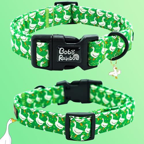 Image of Spring Summer Green Goose Print Dog Collar for Medium Dogs | Daily Walking,Farm Trips,Garden Picnic,Adjustable,Soft Cotton Fabric,Quick Release Plastic Buckle,Pendant,Female /Male Dog