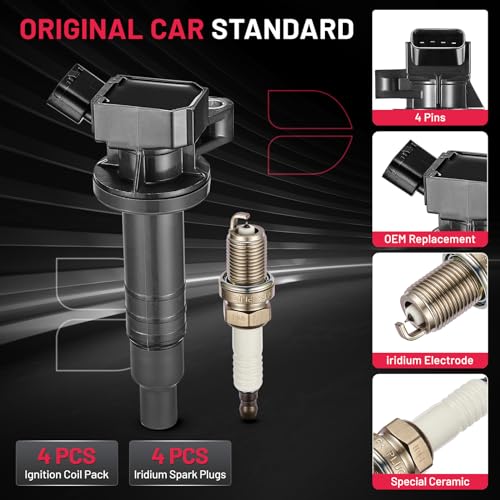 Image of BDFHYK Ignition Coil Pack UF247 and Iridium Spark Plug 4503 Compatible with Toyota Corolla 2005 2006 Toyota Celica 2003-2008 Toyota Matrix Pontiac Vibe Chevy Prizm Toyota Coil Pack 1.8L Set of 4