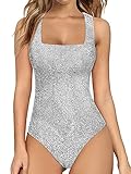 Womens Square Neck Sleeveless Shiny Bodysuit Sparkly Tank Tops No Sleeve Bodysuits Sparkle Jumpsuit