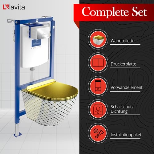 Lavita ViConnect H112 Vorwandelement Unterputz WC mit Bedienplatte + Wand Hänge Tiefspül WC Sofi Slim Checked Gold Spülrandlos + WC Sitz Komplettset Unterputz Spülkasten Toilette Komplett Sett WC – Bild 4