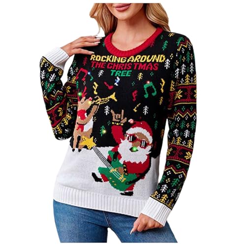 Weihnachtspullover Damen mit LED 31 Europäischer Jacquard Weihnachtspullover mit LED Beleuchtung Santa...