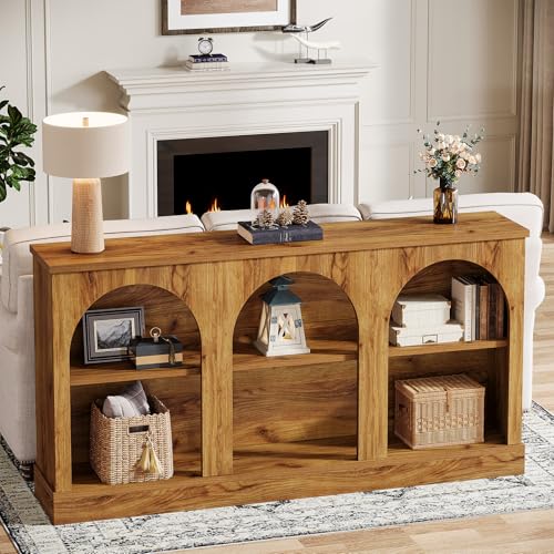 Image of Tribesigns Farmhouse Console Table, 63-Inch Long 3-Tier Entryway Table with Storage, Wooden Rectangular Sofa Table Behind The Couch for Entrance, Hallway, Living Room, Natural Wood