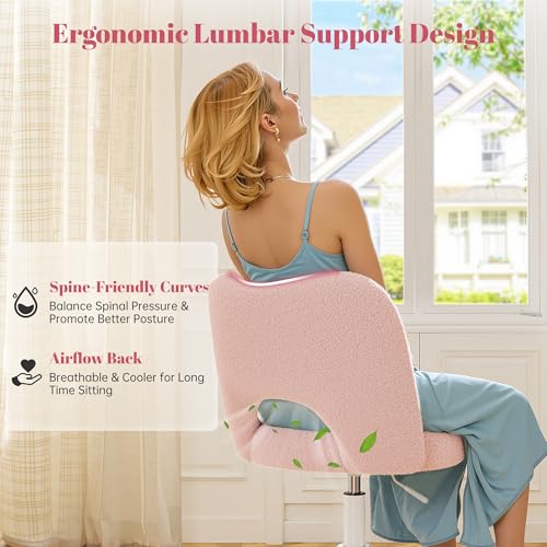Image of DurayLoly Vanity Chair with Open Back & Wheels,Armless,Pink | Armless,Silent Wheels, Height Adjustable, Soft Teddy Fabric, 360 Swivel for Bedroom Vanity & Home Office, Candy Pink