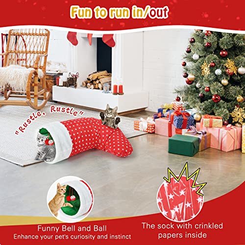 Image of Pawaboo Cat Tunnel Christmas Sock with Bell Balls, Upgraded 2 Way Cat Tunnel Interactive Toy for Christmas, Pet Xmas Stocking with Crinkle Paper & Strong Spring-Steel Frame for Cat Kitten Kitty, Red