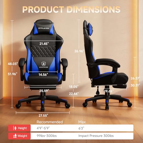 Image of GTPLAYER Gaming Chair, High Back Leather Computer Gaming Chair with Footrest, Ergonomic Height Adjustable Office Chair with Removable Cover and Lumbar Support for Gaming & Work,Blue