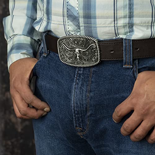 Western Longhorn Bull Rodeo Belt Buckle-Antique Silver Large, For Men & Women #TOP1