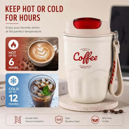 Image of Coffee Vacuum Flask, Portable Coffee Cup with Lid & Handle, Stainless Steel Insulated Water Bottle for Home, Office, and Outdoor Use, Insulated Travel Drinkware, Travel Coffee Mugs (Red,Simple)