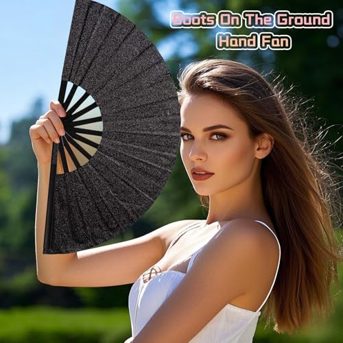 MBDFUT 13'' Big Hand Fan Boots on The Ground Fan Clacking Fans for Line Dancing Where Them Fans at Clack Fan Folding Hand Fans for EDM, Festival,Club, Rave,Party, Dance Accessories (Glitter Black)