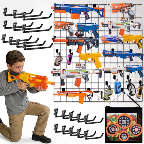 Wall Mount Toy Gun Storage Organizer Organizer for Toy Guns with Shooting Practice Target Toys Storage Bag and Hooks Toys Gun Holder Gun Rack for Foam Blasters Guns Accessories Game Room
