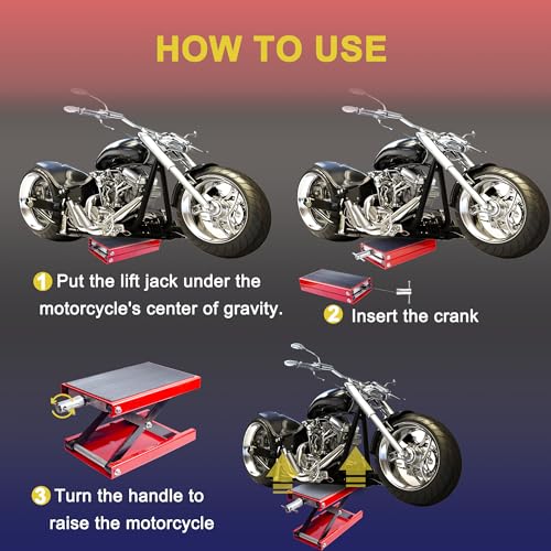 Image of Motorcycle Lift Scissor Jack, Motorbike Jack with 1100lb Capacity Wide Deck Motorcycle Center Stand, Steel Scissor Jack for Street Bikes, Cruiser Bikes, Touring Motorcycles, Red
