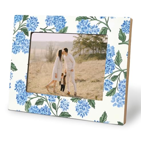 BNHJKFQZ Blue Hydrangea Floral 5x7 Picture Frame,Gifts for Hydrangea Lovers,Blue Chinoiserie Floral Photo Frame, Rustic Cottagecore Botanical Flower Wood Frames for Wall or Tabletop Display