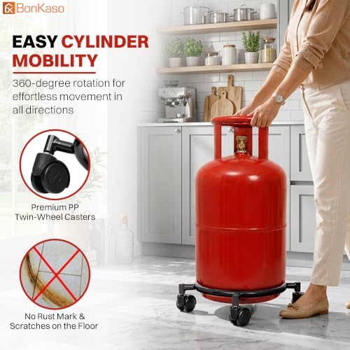 Image of Bonkaso Gas Cylinder Trolley with Handle, Heavy-Duty Alloy Steel Stand with 4 PP Twin-Wheel 360 Swivel Casters, 60 kg Load Capacity, Powder-Coated Black Finish