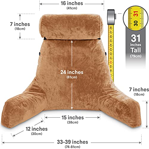 Image of Husband Pillow XXL Tan Backrest with Arms - Adult Reading Pillow Shredded Memory Foam, Ultra-Comfy Removable Microplush Cover & Detachable Neck Roll, Unmatched Support for Bed Rest Sit Up Pillow
