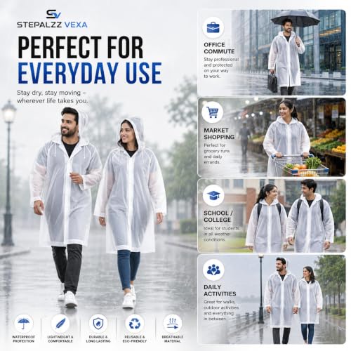 Image of Full Length Waterproof Raincoat for Men & Women | Hooded Transparent Rain Wear with Sleeves | Reusable Long Rain Jacket for Bike Riding, Travel, Camping & Monsoon Protection